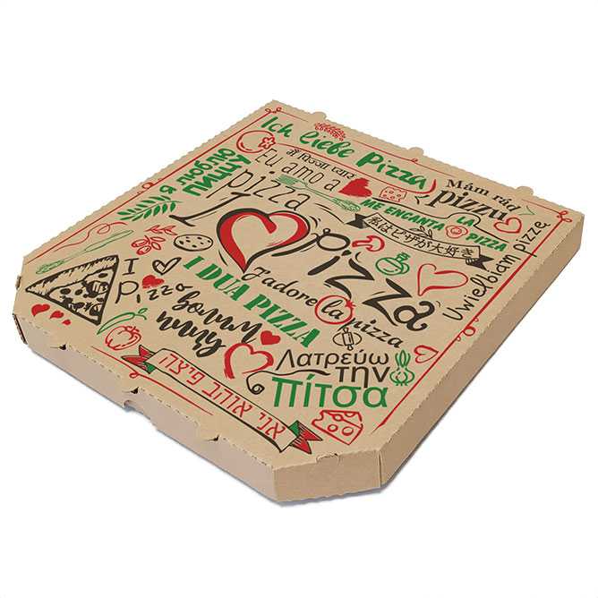 pizza krabice 320x320x30 mm, hnědá s potiskem, zkosené hrany (100 ks/balení)