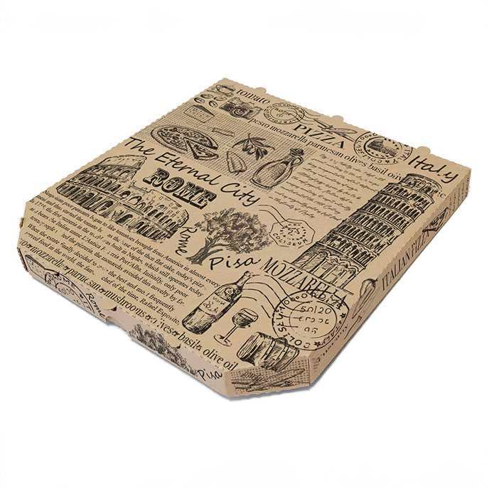 pizza krabice 320x320x30 mm, hnědá s potiskem, zkosené hrany (100 ks/balení)